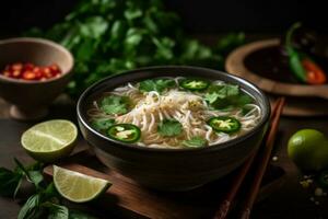 un' ciotola di pho, del vietnam famoso riso spaghetto la minestra, guarnito con coriandolo, lime, fagiolo germogli e chili peperoni. catturare il comfort e vitalità di vietnamita strada cibo. generativo ai foto