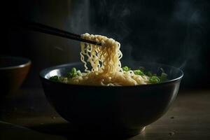 un' ciotola di ramen tagliatelle con bastoncini e verde cipolle, con vapore crescente a partire dal il ciotola. generativo ai foto