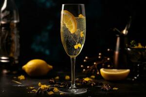 celebrativo francese 75 cocktail, servito nel un' Champagne flauto e guarnito con un' torcere di Limone, circondato di un' festivo atmosfera con coriandoli e festa decorazioni. generativo ai foto