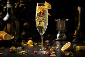 celebrativo francese 75 cocktail, servito nel un' Champagne flauto e guarnito con un' torcere di Limone, circondato di un' festivo atmosfera con coriandoli e festa decorazioni. generativo ai foto