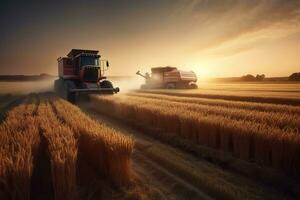 azienda agricola a tema Immagine, in mostra un' trattore raccolta Grano nel il campo. generativo ai foto