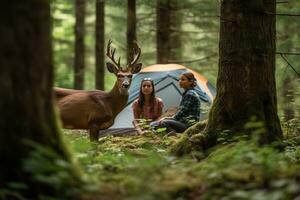 un' accattivante, natura incontrare durante un' famiglia campeggio viaggio, con genitori e bambini osservando un' cervo, promuovere un' senso di Meraviglia e apprezzamento per natura. generativo ai foto