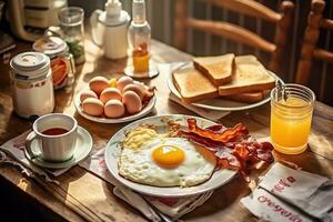 un' classico, americano commensale colazione, con soleggiato lato su uova, hash marroni, croccante Bacon, e di spessore fette di imburrato pane abbrustolito, servito su un' retrò, stile vintage tavolo ambientazione. generativo ai foto