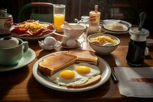 un' classico, americano commensale colazione, con soleggiato lato su uova, hash marroni, croccante Bacon, e di spessore fette di imburrato pane abbrustolito, servito su un' retrò, stile vintage tavolo ambientazione. generativo ai foto