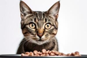 un' avvicinamento, adorabile Immagine di un' gatto felicemente sgranocchiare su suo preferito cibo o tratta, con suo barba e naso sepolto nel il piatto, impostato contro un' pulire, su bianca sfondo. generativo ai foto