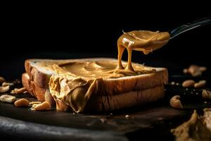 un' avvicinamento, appetitoso Immagine di cremoso arachide burro essere diffusione su un' fetta di caldo, tostato pane, di il popolare differenza. generativo ai foto