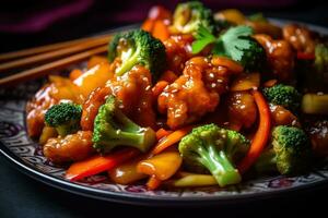 classico Cinese piatto, come come kung pao pollo, dolce e acida Maiale, o Manzo e broccoli, in mostra il vivace colori, ricco salse. generativo ai foto