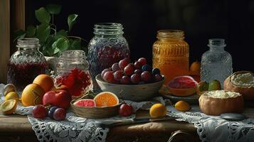 legati alla marmellata Oggetti, come come bicchiere barattoli di vario frutta marmellate, un' argento cucchiaio, fresco frutta, e un' delicato pizzo centrino. generativo ai foto