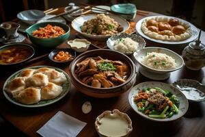 un' delizioso, Cinese pasto, evidenziazione un' varietà di piatti come come Pechino anatra, mappa tofu e Ravioli, servito su un' pigro susan o grande tavolo, incoraggiando condivisione e solidarieta. generativo ai foto