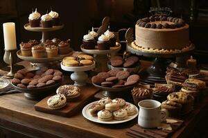 un' delizioso, a tema caffè dolce tavolo, in mostra un Vettore di infuso al caffè tratta, come come caffè espresso brownies, cappuccino cupcakes, e al gusto di caffè ghiaccio crema. generativo ai foto