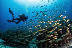 un' tuffatore nuoto con un' scuola di pesce nel un' corallo scogliera. generativo ai. foto