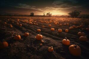 un' pieno Luna crescente al di sopra di un' tentacolare zucca toppa, largo righe di arancia zucche illuminato su contro il notte cielo. ombroso figure mossa fra il zucche, raccolta il maturo frutta. generativo ai. foto