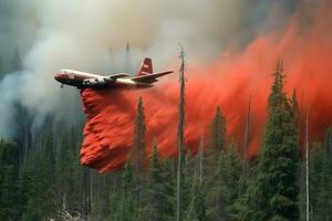 un' gigante antincendio aria petroliera aereo volante Basso e rilasciando un' massiccio diluvio di fuoco ritardante sostanze chimiche su il ardente foresta. generativo ai. foto