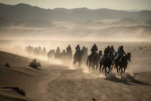 un' gruppo di persone equitazione cavalli attraverso il deserto. il cavalli dovrebbero essere al galoppo e calciando su polvere dietro a loro. generativo ai foto