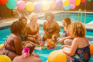 un' gruppo di donne nel coordinamento due pezzi costumi da bagno sala insieme su un' piscina ponte, circondato di colorato decorazioni e festa favori. il vibrazione è festivo e divertimento. generativo ai foto