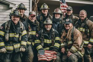 un' gruppo foto di un' veterano fuoco stazione equipaggio, sudicio e stanco ma con sorrisi su loro facce dopo con successo salvataggio un anziano coppia. il americano bandiera sospeso con orgoglio. generativo ai