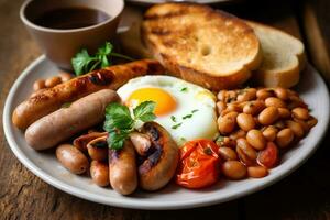 un' cordiale, pieno inglese colazione, con uova, salsicce, grigliato pomodori, funghi, al forno fagioli, e pane abbrustolito. generativo ai. foto