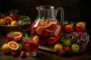 un' colorato Sangria , in mostra un' grande brocca pieno con rosso o bianca vino, fresco frutta, e un' spruzzo di Brandy, accompagnato di bicchieri pieno con il rinfrescante bevanda. generativo ai foto