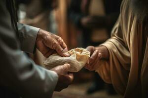 un' uomo dando zakat beneficenza durante Ramadan. uomo S generosità e dando spirito. il Immagine mostrare il uomo passaggio al di sopra di cibo per quelli nel bisogno. generativo ai foto