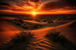 sabbia dune a tramonto, con il sole ambientazione dietro a loro, contro un' ardente cielo, con un' senso di naturale bellezza e soggezione. generativo ai foto