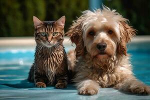 gatto e cane , godendo un' momento di il piscina, con un' senso di giocosità e la gioia. il Immagine trasmettere un' senso di compagnia e felicità. generativo ai foto