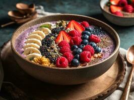 un' rinfrescante, pieno di frutta frullato ciotola, traboccante con un Vettore di colorato frutti di bosco, Banana fette, e chia semi. foto