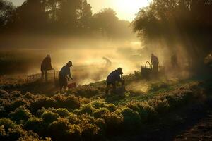 un' sereno, presto mattina verdura raccolto, cattura il coperto di rugiada impianti, il morbido, d'oro leggero di Alba, e il tranquillo, calmo atmosfera di un' azienda agricola prima il giorno opera inizia. generativo ai. foto