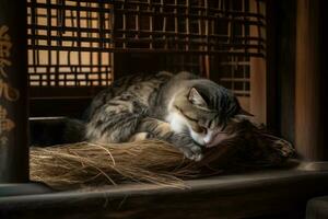 un' studioso gatto sonnecchiare nel un arco, circondato di sumi-e dettagli di antico reticolo legna e pietra. generativo ai foto