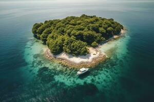 un' sbalorditivo aereo tiro di un' piccolo isola circondato di cristallo chiaro acque, con un' solitario barca ancorato qui vicino. il isola è coperto nel lussureggiante verdura e ha un' piccolo sabbioso spiaggia. generativo ai foto