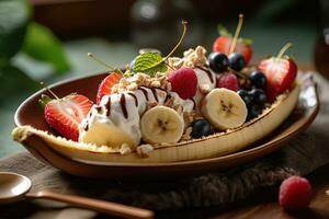 un' allettante, avvicinamento tiro di un' vegano con senza lattosio ghiaccio crema, fresco frutta, e naturale dolcificanti. punti salienti il dolce sano appello. generativo ai foto