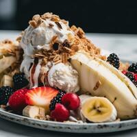 un' allettante, avvicinamento tiro di un' vegano con senza lattosio ghiaccio crema, fresco frutta, e naturale dolcificanti. punti salienti il dolce sano appello. generativo ai foto