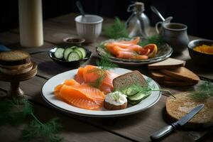 scandinavo prima colazione differenza, con un Vettore di affumicato salmone, sottaceto aringa, pani croccanti, e affettato cetrioli, servito su un' elegante, moderno piatto con fresco aneto contorno. generativo ai. foto