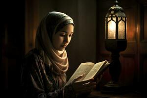 un' donna lettura il corano. il messa a fuoco su il donna S tranquillo, calmo espressione come lei legge il santo libro. il sfondo essere sfocato per dare il Immagine un' onirico. generativo ai foto