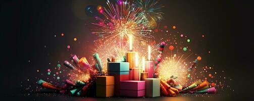 astratto illustrazione di festa con regalo, luccichio, fuochi d'artificio e coriandoli. generativo ai foto