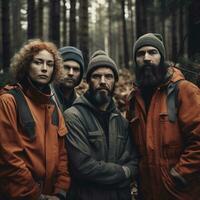 pubblicità ritratto tiro di un' taglialegna squadra in piedi insieme nel un' foresta e essi Guarda a il telecamera. generativo ai foto