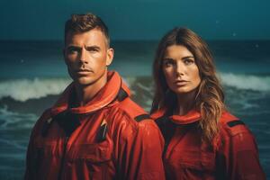 pubblicità ritratto tiro di un' baywatch guardie ✔ nel rosso costumi da bagno in piedi insieme nel un' Bagnino Torre e essi Guarda a il telecamera. generativo ai foto