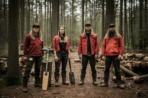 pubblicità ritratto tiro di un' taglialegna squadra in piedi insieme nel un' foresta e essi Guarda a il telecamera. generativo ai foto