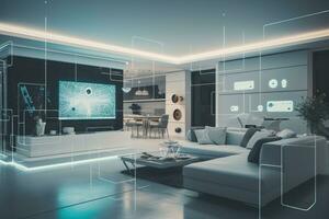 casa interno, in mostra inteligente casa tecnologia e guidato dall'IA automazione. generativo ai. foto