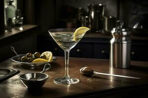 un elegante, classico Martini, servito nel un' sofisticato Martini bicchiere con un' torcere di Limone o un oliva, accompagnato di un' argento cocktail shaker su un' elegante, moderno bar controsoffitto. generativo ai foto