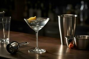 un elegante, classico Martini, servito nel un' sofisticato Martini bicchiere con un' torcere di Limone o un oliva, accompagnato di un' argento cocktail shaker su un' elegante, moderno bar controsoffitto. generativo ai foto