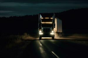 il Immagine mostrare un' trasporto camion guida su un' buio strada a notte. nel il buio e lunatico sfondo. generativo ai foto