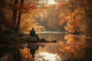 un ispirando Immagine di un' persona seduta nel silenzioso riflessione, esprimendo gratitudine per il benedizioni nel loro vita. il scena impostato nel un' tranquillo, calmo naturale ambientazione. generativo ai foto