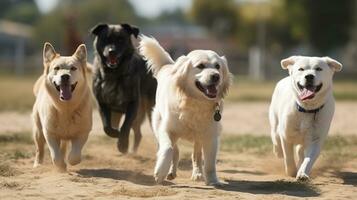 tutti gli amori il divertimento di un' cane parco pieno di giocoso animali domestici con loro amici e famiglie. generativo ai foto