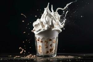 un' caffè tazza è anche ornato con frustato crema su buio sfondo. generativo ai foto