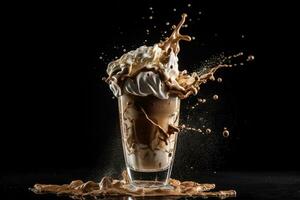 un' caffè tazza è anche ornato con frustato crema su buio sfondo. generativo ai foto