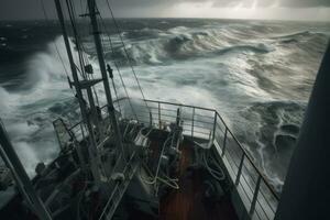 nave durante forte uragano , un' lotto di schizzi. Visualizza a partire dal ponte. mare acqua attaccamento per il ponte come macchine fotografiche sforzo per un' intravedere di il abisso sotto. alto onde colpire nave. generativo ai foto