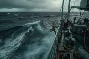 nave durante forte uragano , un' lotto di schizzi. Visualizza a partire dal ponte. mare acqua attaccamento per il ponte come macchine fotografiche sforzo per un' intravedere di il abisso sotto. alto onde colpire nave. generativo ai foto