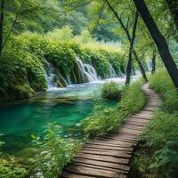 maestoso Visualizza di laghi a piedi su di legno passerella attraverso plitvice nazionale parco laghi Croazia. generativo ai foto