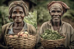 ritratti di agricoltori con orgoglio Tenere cesti di appena raccolto frutta, la verdura, cereali e legumi. loro facce e capi di abbigliamento suggerire dedizione per mestiere, Salute, nutrizione e Comunità. generativo ai foto