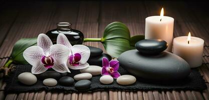 terme massaggio basalto pietre con candele, loto fiori, orchidea fiore e asciugamani su bambù stuoia. generativo ai. foto